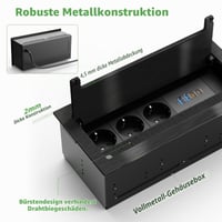 Zabudovateľná stolová zásuvka HANNELORE, 3 zásuvky, 2x USB-C PD 30W, s kovovým krytom a kefovým tesnením, na pracovnú dosku a rokovací stôl, 1,8 m kábel, čierna 7