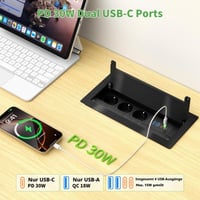 Zabudovateľná stolová zásuvka HANNELORE, 3 zásuvky, 2x USB-C PD 30W, s kovovým krytom a kefovým tesnením, na pracovnú dosku a rokovací stôl, 1,8 m kábel, čierna 2