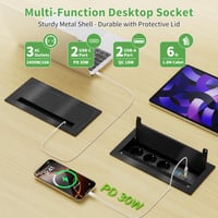 Zabudovateľná stolová zásuvka HANNELORE, 3 zásuvky, 2x USB-C PD 30W, s kovovým krytom a kefovým tesnením, na pracovnú dosku a rokovací stôl, 1,8 m kábel, čierna 3