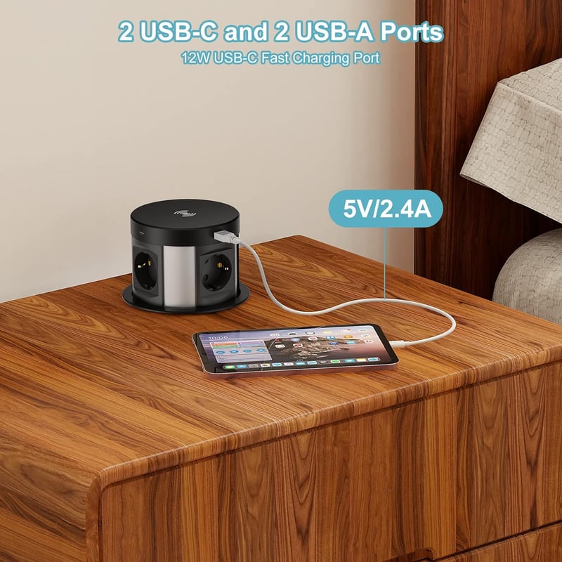 HANNELORE Beépíthető Asztali Elosztó 4 Aljzat 2 USB-C 2 USB-A Vezeték Nélküli Töltés Fekete Munkalapba Konyha 3680W 1.7m Kábel