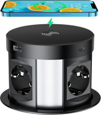 HANNELORE Beépíthető Asztali Elosztó 4 Aljzat 2 USB-C 2 USB-A Vezeték Nélküli Töltés Fekete Munkalapba Konyha 3680W 1.7m Kábel 1