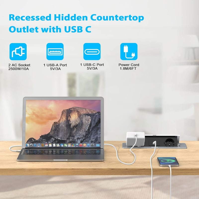 HANNELORE Beépíthető Asztali Konnektor USB-C 20W és USB-A Porttal, Kihúzható Elosztó 2 Aljzat, Alumínium Süllyesztett Konnektor 2500W
