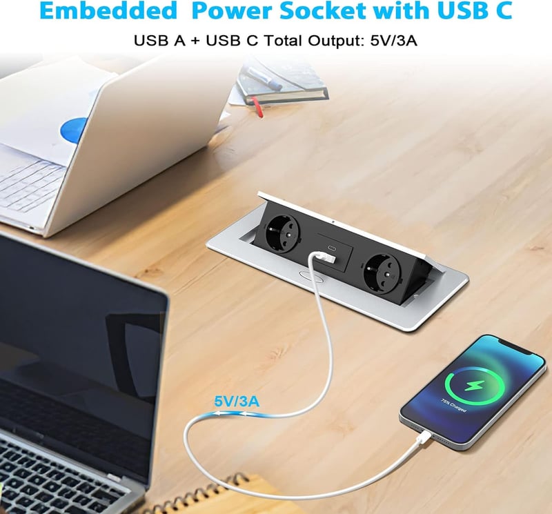 HANNELORE Beépíthető Asztali Konnektor USB-C 20W és USB-A Porttal, Kihúzható Elosztó 2 Aljzat, Alumínium Süllyesztett Konnektor 2500W