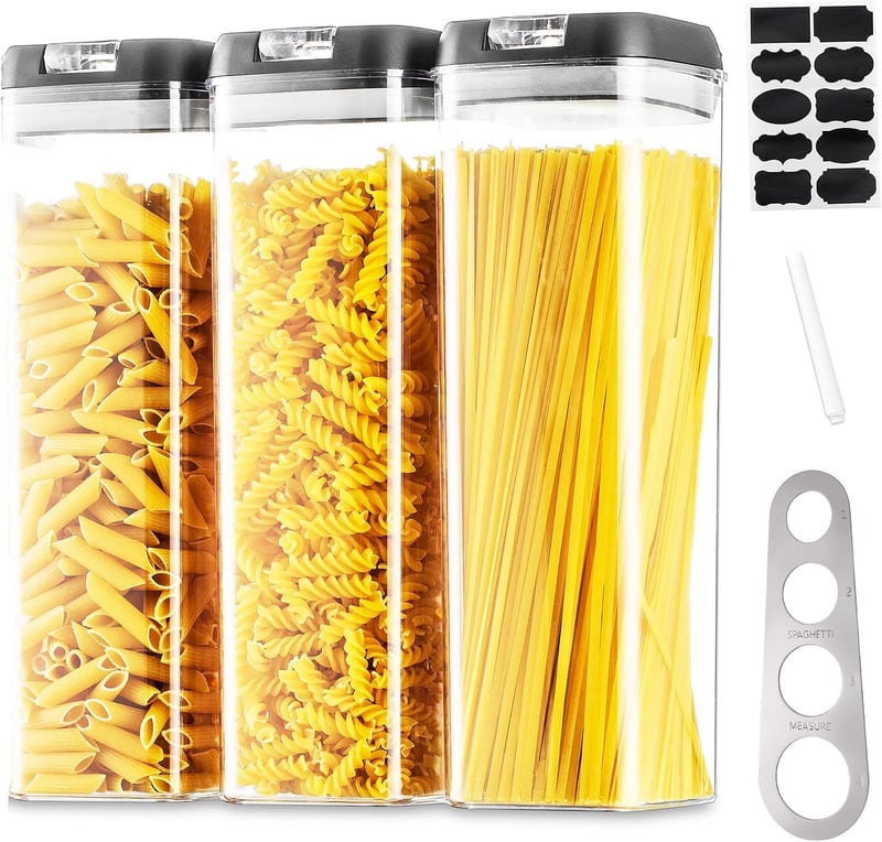 Set 3 cutii Hanobe pentru depozitare etanșă, pentru spaghete și fulgi de porumb, cu capac cu deschidere ușoară, stivuibile, negre