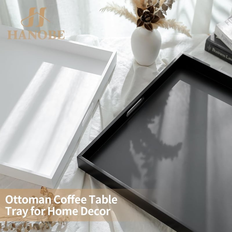 Tavă decorativă mare, pătrată, din lemn negru Hanobe, 52 cm, cu mânere, pentru bucătărie și casă