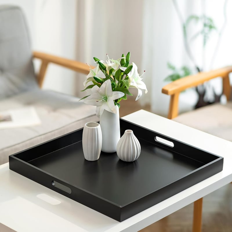 Tavă decorativă mare, pătrată, din lemn negru Hanobe, 52 cm, cu mânere, pentru bucătărie și casă