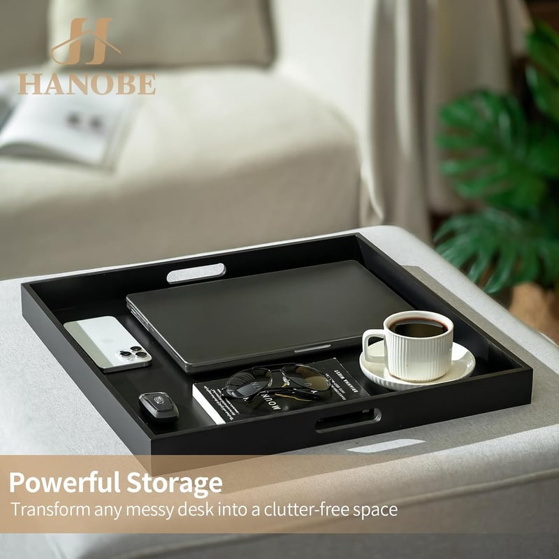 Tavă decorativă mare, pătrată, din lemn negru Hanobe, 52 cm, cu mânere, pentru bucătărie și casă