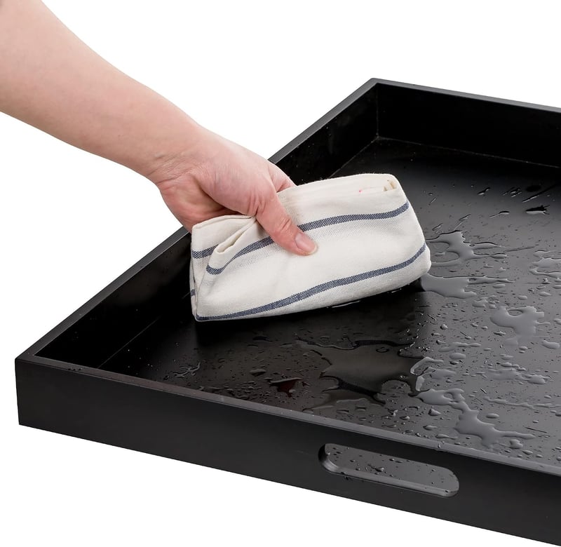 Tavă decorativă mare, pătrată, din lemn negru Hanobe, 52 cm, cu mânere, pentru bucătărie și casă