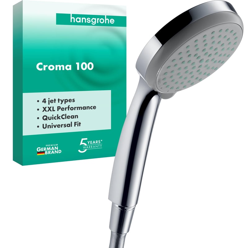 Hansgrohe Croma 100 Ručná sprcha so 4 druhmi prúdu, okrúhla 100 mm, s funkciou proti usadzovaniu vodného kameňa, chróm, 28535000