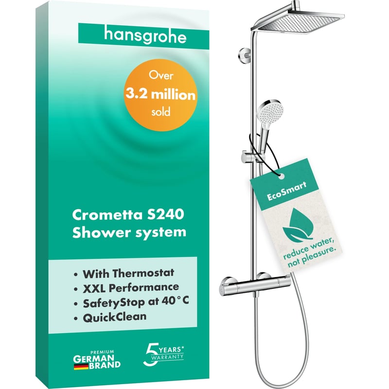 hansgrohe Crometta E 240 sprchový systém s termostatickou batériou, hlavová sprcha (240x240 mm), ručná sprcha, EcoSmart, chróm, 27281000