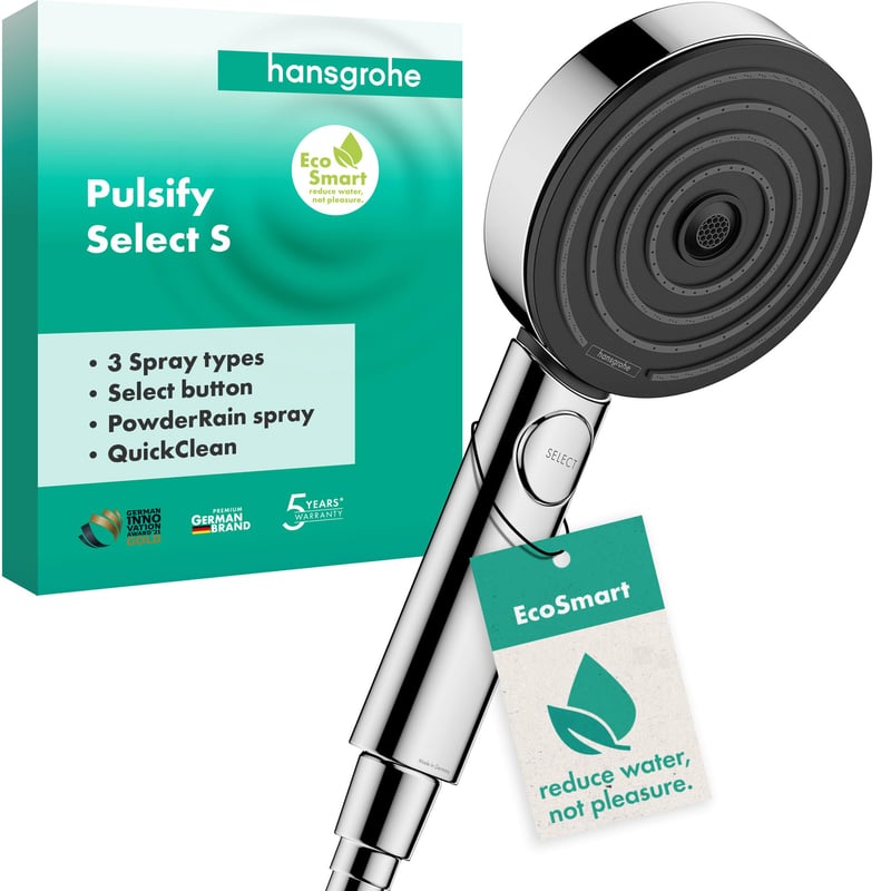 Hansgrohe Pulsify Select S Sprchová hlavica s 3 typmi prúdu, EcoSmart 9 l/min úspora vody, okrúhla 105 mm, s funkciou proti usadzovaniu vodného kameňa, chróm