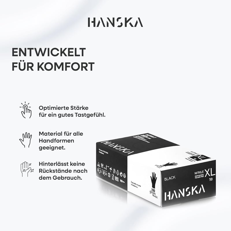 HANSKA 100 db fekete nitril eldobható kesztyű XL méret, pudramentesítve