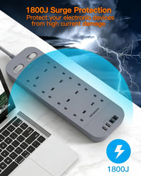 8-zásuvková rozvodka HANYCONY s 1,8 m káblom, sivá, s 2× USB-C a 2× USB-A portom, prepäťová ochrana 5