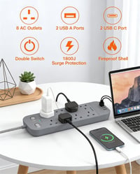 8-zásuvková rozvodka HANYCONY s 1,8 m káblom, sivá, s 2× USB-C a 2× USB-A portom, prepäťová ochrana 2