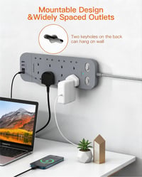 8-zásuvková rozvodka HANYCONY s 1,8 m káblom, sivá, s 2× USB-C a 2× USB-A portom, prepäťová ochrana 4