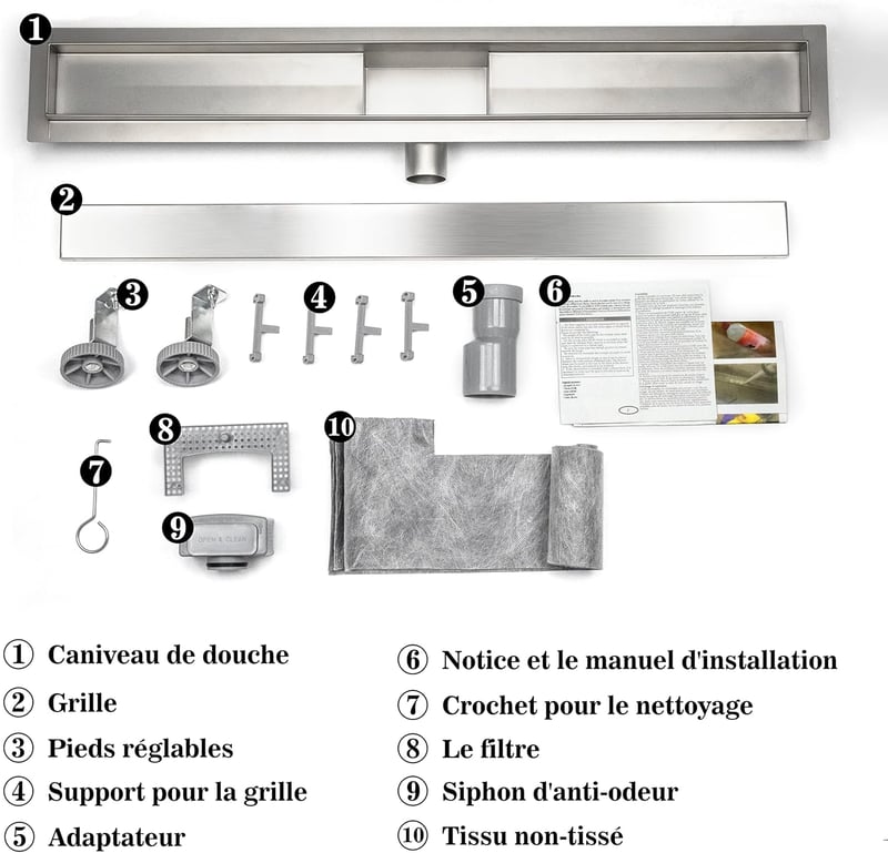 HAPAOSO Rejtett Zuhanyfolyóka 570x155x80mm Szifon Légfrissítővel és Hajszűrővel Ezüst Színű 2in1 Zuhanylefolyó