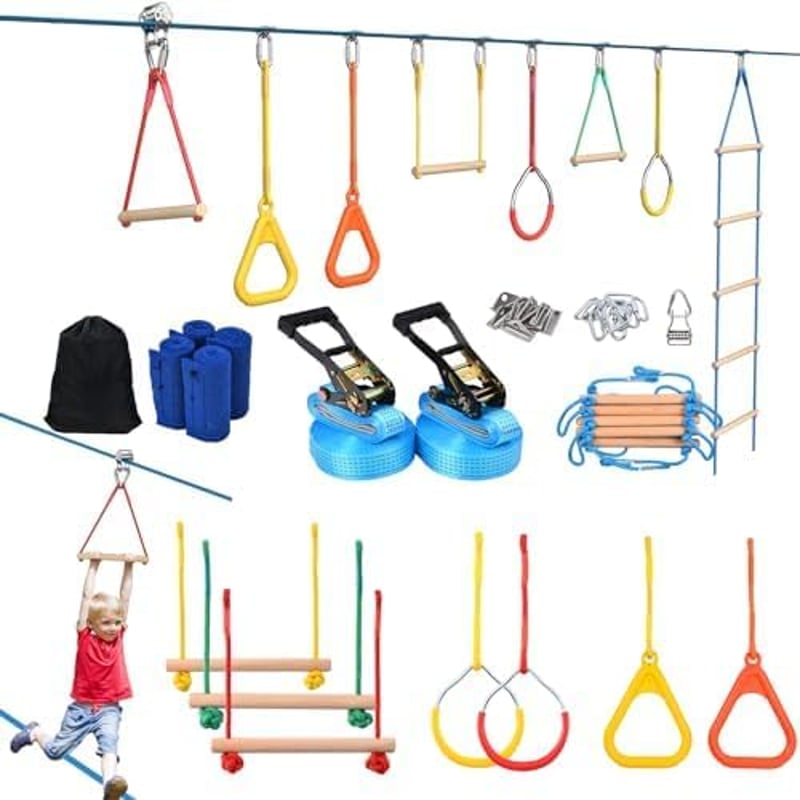 Hapfan 2x50 ft Slackline szett gyerekeknek kötélycsigával és akadálypályával