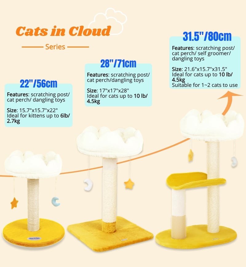 Happi N Pets 56 cm Felhő Alakú Macska Kaparófa - Kényelmes Fekhellyel, Természetes Szizál Kötéllel, Függő Játékokkal, Stabil Szerkezettel Ki