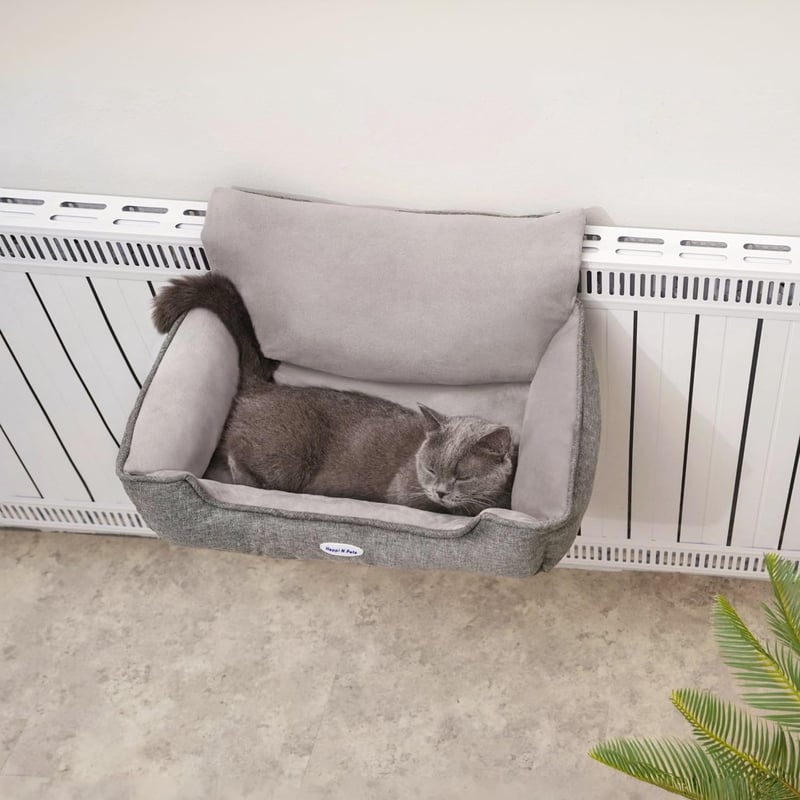 Happi N Pets Fűtőtestre Akasztható Macska Ágy - Szürke Pihenőhely 8kg-ig, Állítható Kampóval, Mosható Pamut-Poliészter Függőágy Középméretű 