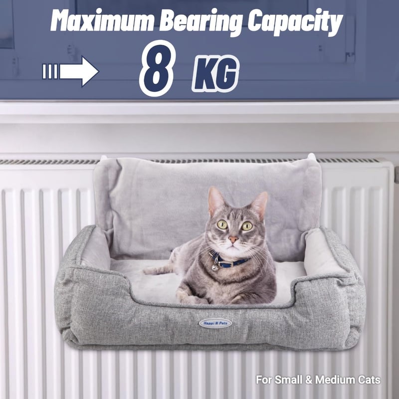 Happi N Pets Fűtőtestre Akasztható Macska Ágy - Szürke Pihenőhely 8kg-ig, Állítható Kampóval, Mosható Pamut-Poliészter Függőágy Középméretű 