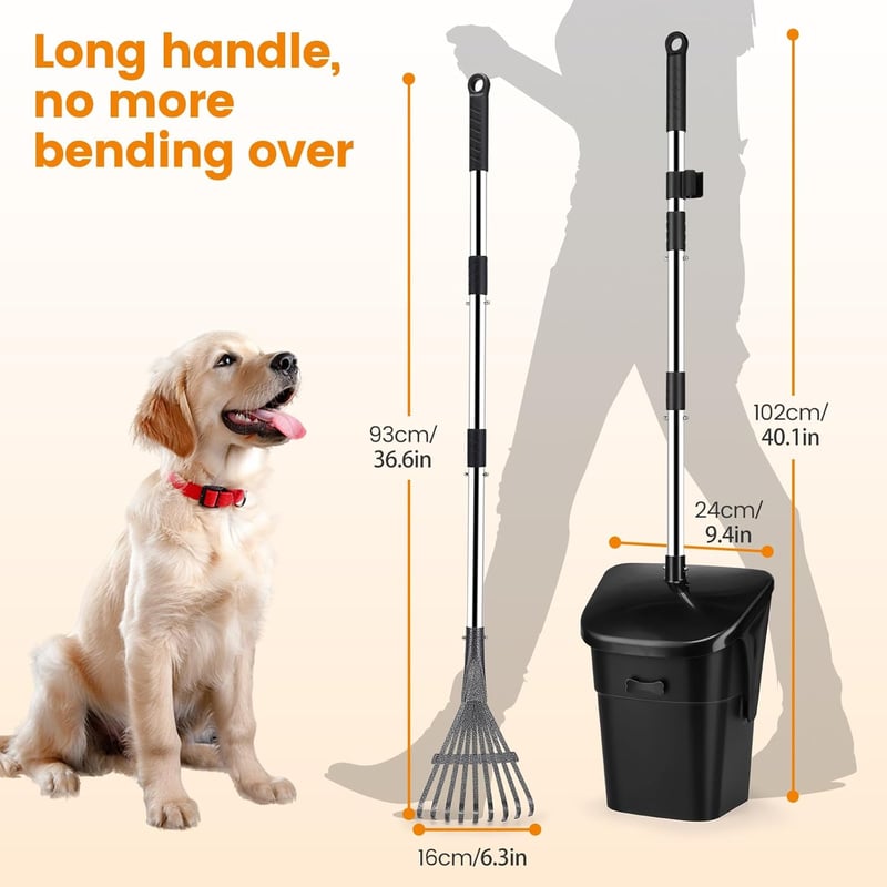 HAPPY HACHI Kutyaürülék Szedő 102 cm Forgatható Tartállyal és Gereblyével, 20 Hulladékzsákkal, Nagy és Kis Kutyákhoz