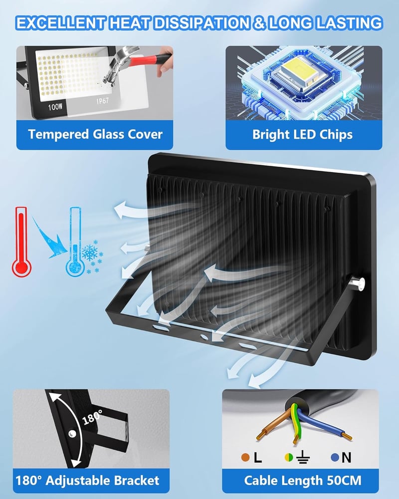 HAPYLUMI 100W LED Kültéri Reflektor 10000 lm IP67 Vízálló 6500K Hideg Fehér 2db