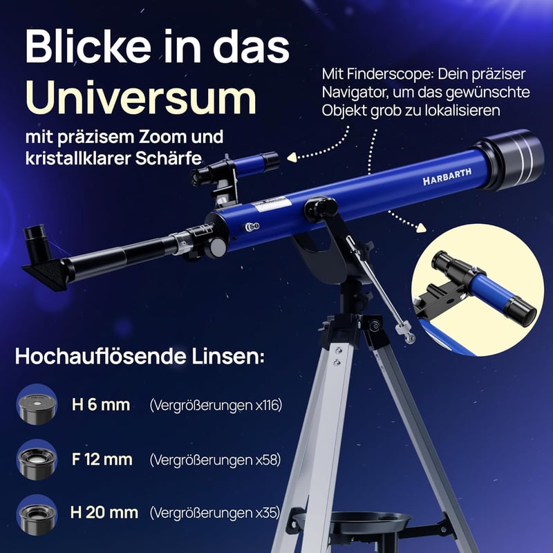 HARBARTH Teleszkóp 60mm Objektív 600mm Fókusz Állvánnyal Okostelefon Tartóval Táskával Felnőtteknek Csillagászathoz