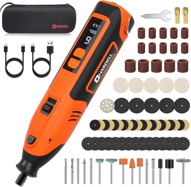 HARDELL 12V vezeték nélküli forgó szerszám 6 fokozatú kijelzővel, 80 részes tartozékkészlet, 2000 mAh gyorstöltés, narancs-fekete