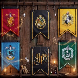 Decorațiune de perete pentru zi de naștere cu stema Harry Potter Hogwarts, ghirlandă din 6 piese cu casele Hogwarts: Gryffindor, Hufflepuff, Slytherin, Ravenclaw