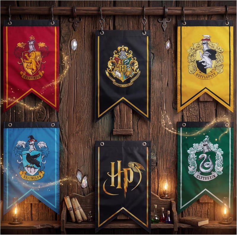 Decorațiune de perete pentru zi de naștere cu stema Harry Potter Hogwarts, ghirlandă din 6 piese cu casele Hogwarts: Gryffindor, Hufflepuff, Slytherin, Ravenclaw