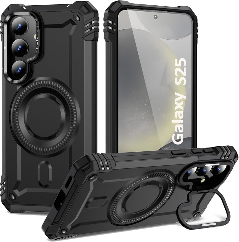 HARUINO Galaxy S25 mágneses tok állvánnyal, lencse védelemmel, ütésálló, fekete - S25, 2-black