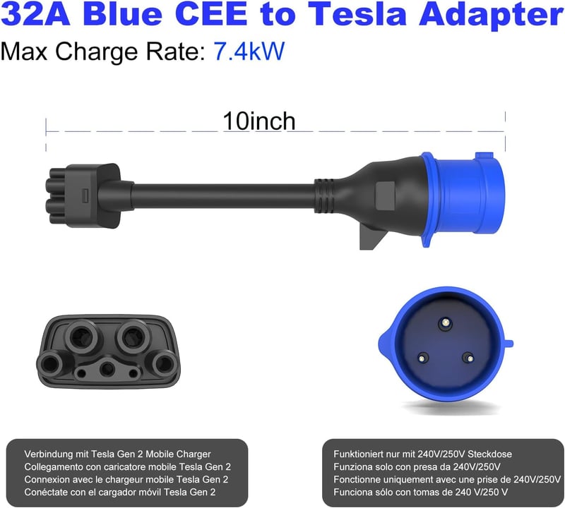 HASA zone 3 Pin Kék CEE Tesla Adapter - Hordozható Töltőkábel Gen 2 Mobile Chargerhez, 32A/240V, Model 3/S/X/Y Kompatibilis, Túlfeszültség V