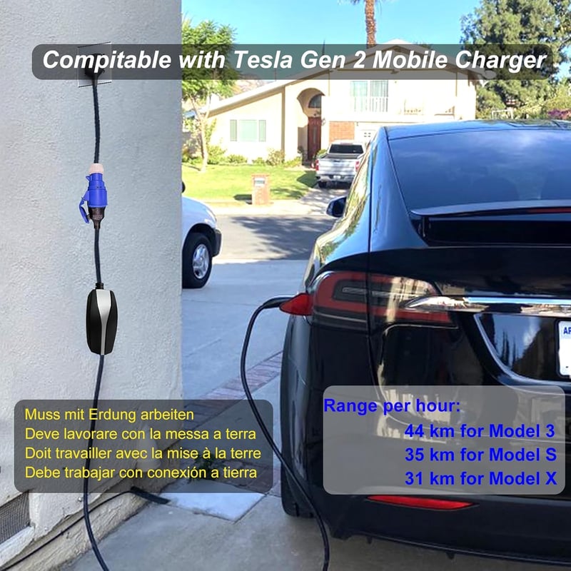 HASA zone 3 Pin Kék CEE Tesla Adapter - Hordozható Töltőkábel Gen 2 Mobile Chargerhez, 32A/240V, Model 3/S/X/Y Kompatibilis, Túlfeszültség V