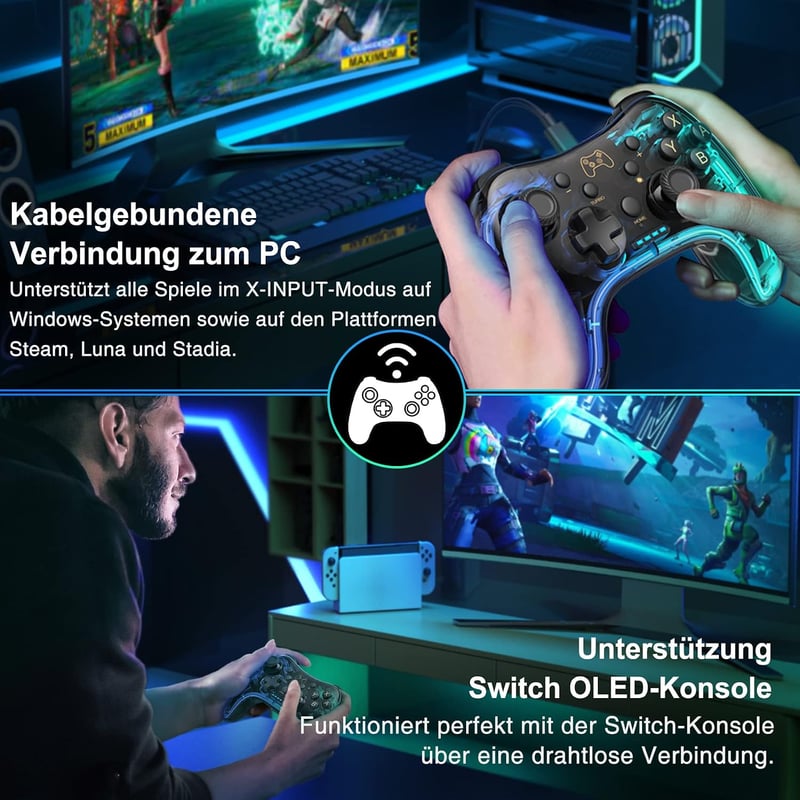 HASACOOL Átlátszó fényes vezeték nélküli Switch vezérlő ébresztés és alkalmazás vezérléssel Android iOS PC kompatibilis Switch Lite OLED