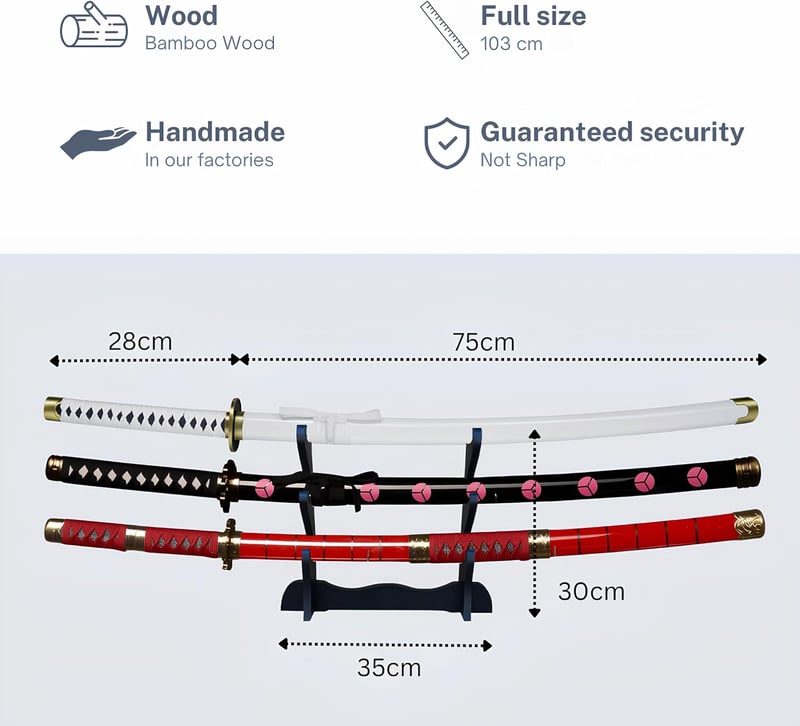 Hashiman Triple Katana One Piece Roronoa Zoro Shusui Wado Kitetsu szett fa állvánnyal