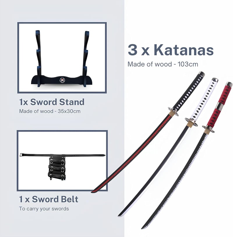 Hashiman Triple Katana One Piece Roronoa Zoro Shusui Wado Kitetsu szett fa állvánnyal