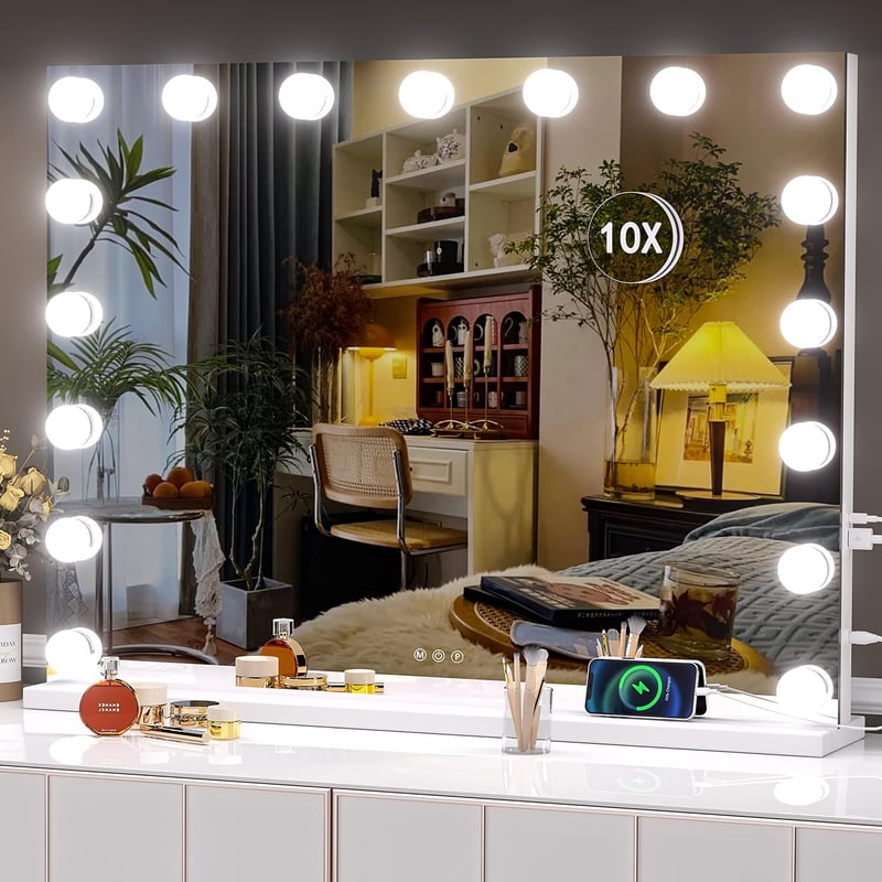 Hasipu Hollywood Sminktükör 81x61 cm – LED Fényekkel, 10X Nagyítás, 3 Színhőmód, USB & Type-C Töltés (Fehér)