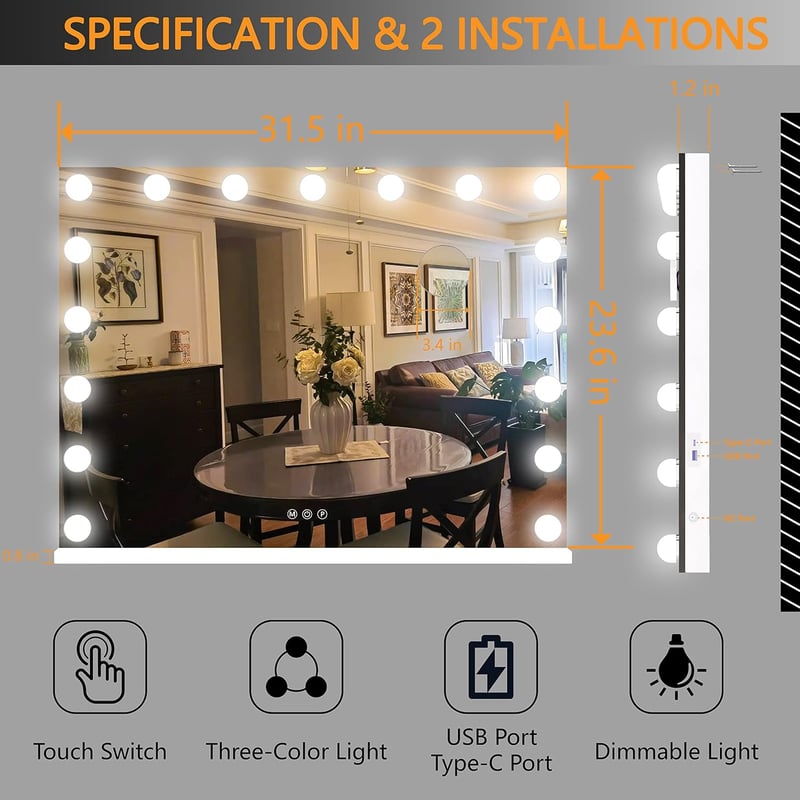 Hasipu Hollywood Sminktükör 81x61 cm – LED Fényekkel, 10X Nagyítás, 3 Színhőmód, USB & Type-C Töltés (Fehér)