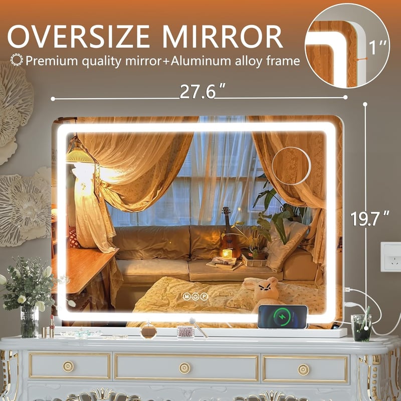 Hasipu Kozmetikai Tükör LED Világítással, 70x50 cm, 3 Fényerősség Módú Smink Tükör Érintőképernyős Vezérléssel, Falra Szerelhető vagy Asztal