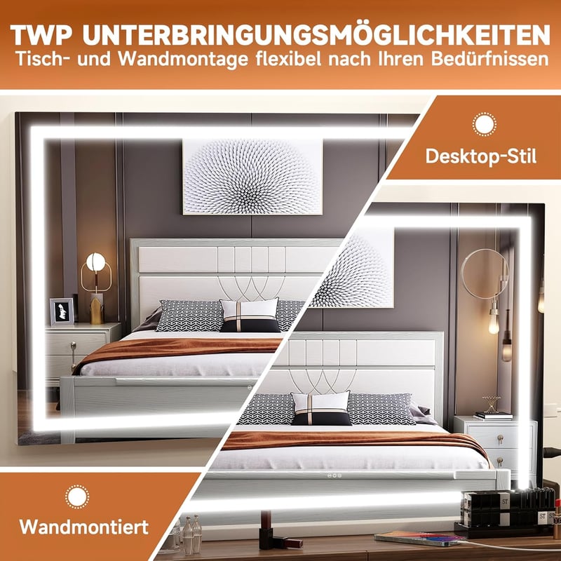 Hasipu LED Kozmetikai Tükör 58x46 cm - Fehér Alumínium Sminktükör 3 Fényerősséggel, Érintőképernyős Vezérléssel, Falra Szerelhető vagy Aszta