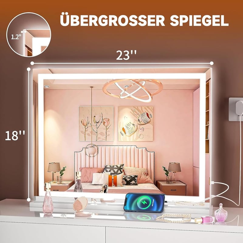 Hasipu LED Kozmetikai Tükör 58x46 cm - Fehér Alumínium Sminktükör 3 Fényerősséggel, Érintőképernyős Vezérléssel, Falra Szerelhető vagy Aszta