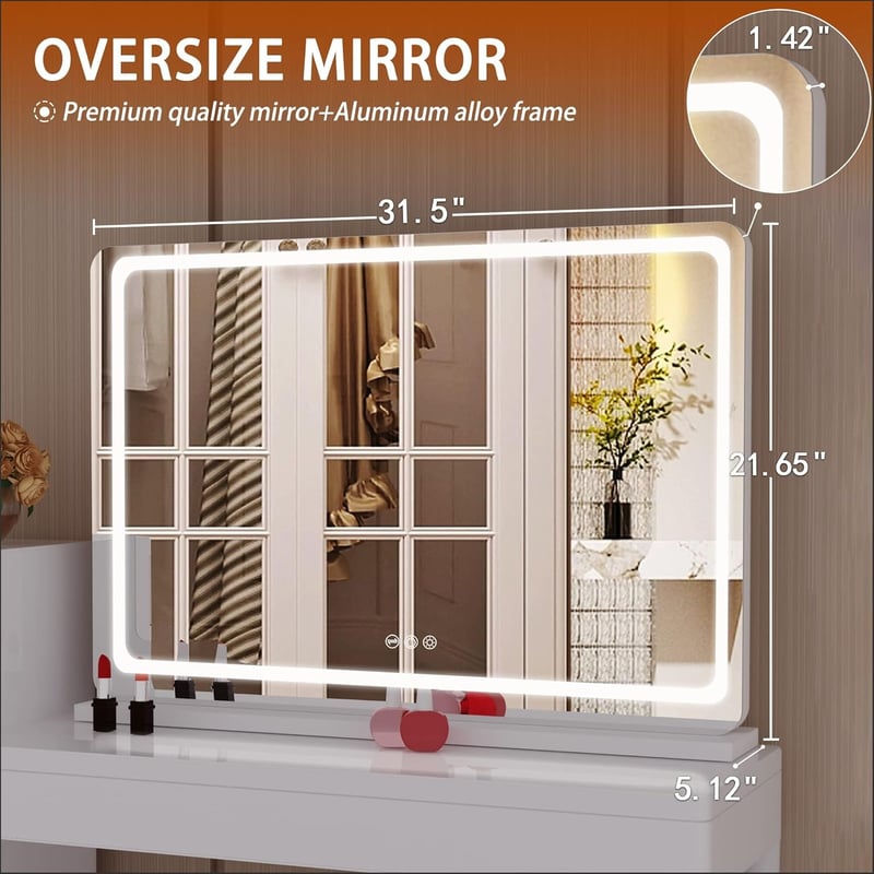 Hasipu LED Sminktükör 80x55 cm - Fali vagy Asztali Kozmetikai Tükör Érintőképernyős Vezérléssel, 3 Színhőmérséklettel és Fényerőszabályzóval
