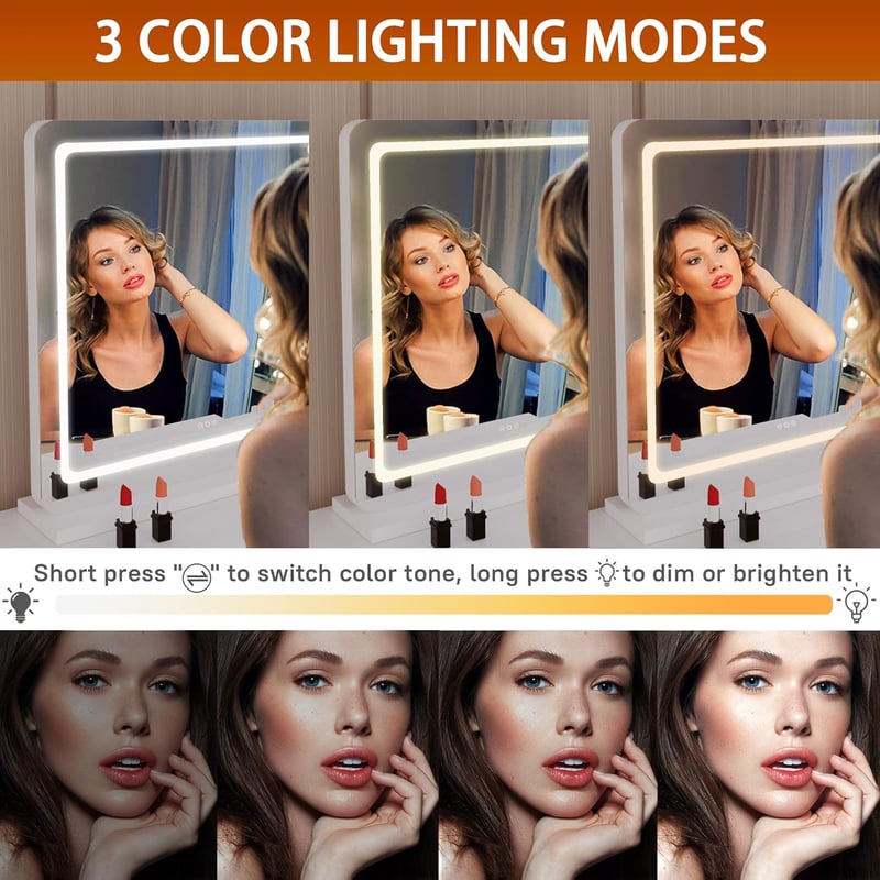 Hasipu LED Sminktükör 80x55 cm - Fali vagy Asztali Kozmetikai Tükör Érintőképernyős Vezérléssel, 3 Színhőmérséklettel és Fényerőszabályzóval