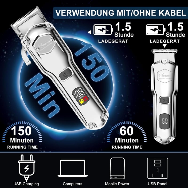 Hatteker Professzionális Hajvágó és Szakállvágó Készlet - Vezeték Nélküli, Vízálló, Akkumulátoros Trimmer LCD Kijelzővel, Ezüst