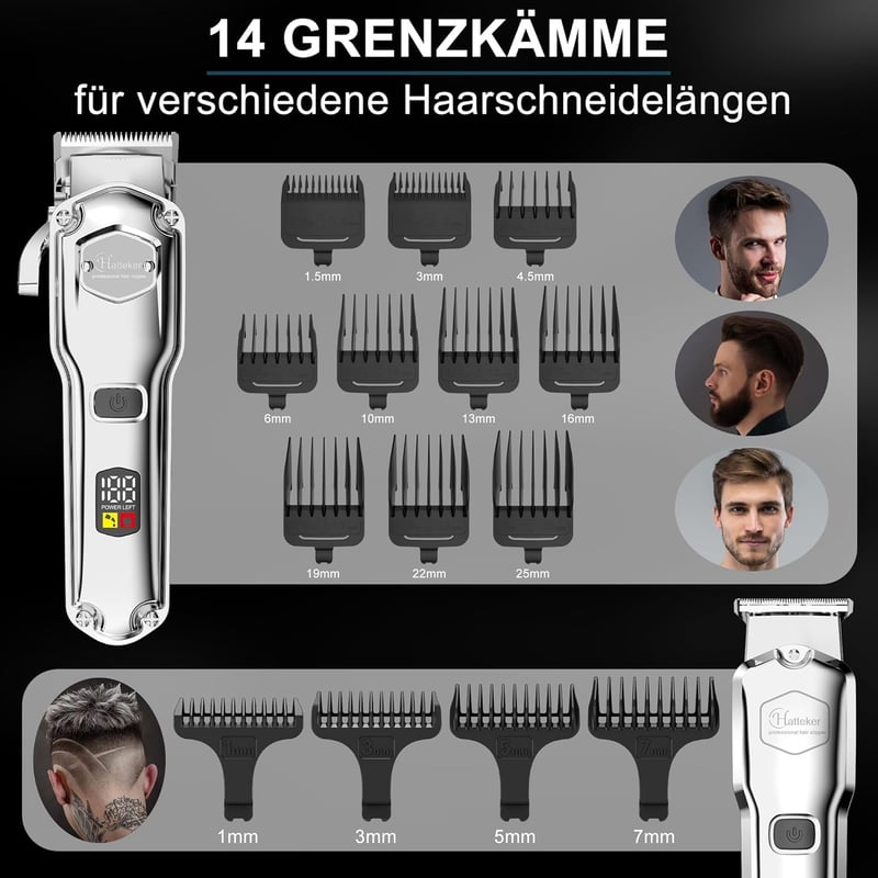 Hatteker Professzionális Hajvágó és Szakállvágó Készlet - Vezeték Nélküli, Vízálló, Akkumulátoros Trimmer LCD Kijelzővel, Ezüst