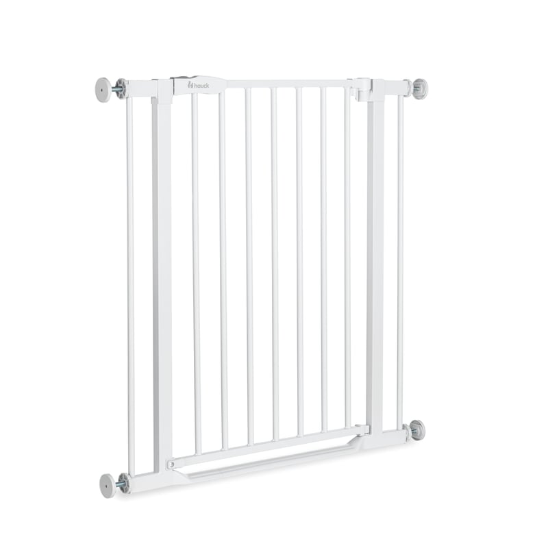 Bezpečnostná zábrana Hauck bez vŕtania s plochým prahom, biela, 75-80 cm, otváranie jednou rukou, pre deti a psov