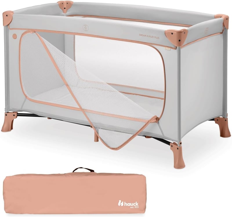hauck Dream N Play Plus Összecsukható Utazóágy Babáknak, XL Játszónyílással, Hordozótáskával, 0-15 kg, Dusty Cork