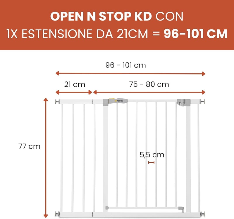 hauck Open N Stop KD biztonsági kapu 96-101 cm, nyomásfixálás, bővíthető 21 cm - 96 - 101 cm, White, Gate + 21 cm extension