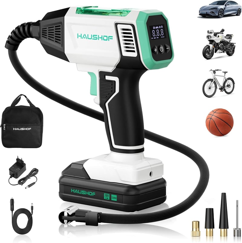 HAUSHOF Akkumulátoros légkompresszor 150 PSI 10,3 bar, 4 mód kézi üzemmód, digitális kijelző, automatikus leállítás kerékpár motor 20V 2000m