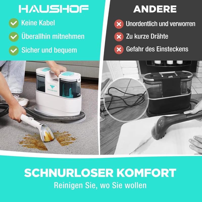HAUSHOF StainZapper Air Akkumulátoros Folttisztító, 24V Kárpittisztító Gép, 12 kPa Szívóerő, 1,5L Tartály, Szőnyeg és Bútor Tisztítására